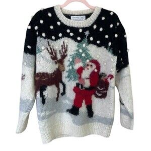 VTG Samantha Taylor Wool Sweater Mohair Christmas Womens Small Pom‎ Pom Santa